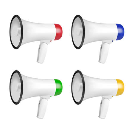 Vector Realistic 3d Simple White Megaphone Icon Set Closeup Isolated on White Background. Design Template for Banner, Web.のイラスト素材