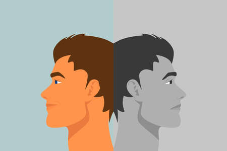 Beautiful Young Man with Bipolar Disorder. Cheerful and Sad, Happy and Unhappy. Two-face Man Showing Two Different Moods Euphoria and Depression. Vector Cartoon in Flat Style. Side Viewのイラスト素材