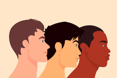 Three Multy Ethnic Men of Different Nationalities Standing Together. Friendship of Peoples, LGBT, Gay, Racial Equality Concept. Empowerment Movement. Struggle for Freedom. Vector. Side Viewのイラスト素材