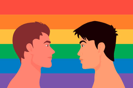 Portrait of Cute Two Young Men, Gay Couple Look at Each Other on LGBT Flag Background. Romantic Partner, Homosexual Relationship Concept. Love, Valentine s Day. Vector Cartoon, Flat Style. Side Viewのイラスト素材