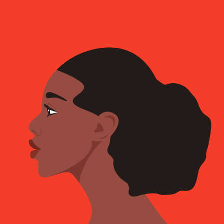 Portrait of Young Attractive Beautiful Afro Black Woman, Girl on Red Background. Avatar. Female Character. Cartoon Face. Single Person. Vector Illustration. Side Viewのイラスト素材