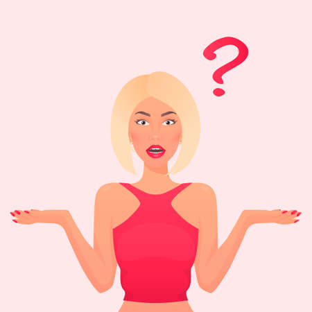 Pretty Blonde European Confused Woman, Young Lady, Girl with Arms Outstretched. Make a Choice, Doesn t know to Do Concept. Question Mark. Vector Illustration. Portrait, Avatar. Front Viewのイラスト素材