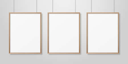 3d Realistic Three A4 Brown Wooden Simple Modern Frame on a White Wall Background.のイラスト素材