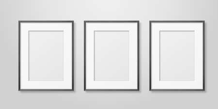3d Realistic Three A4 Black Wooden Simple Modern Frame on a White Wall Background.のイラスト素材