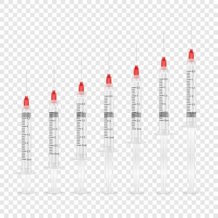 Vector 3d Realistic Blank Empty Syringe Icon Set Closeup Isolated on Transparent Backgound. Medical concept, Design Template, Mockup, Vaccine and Vaccinationのイラスト素材