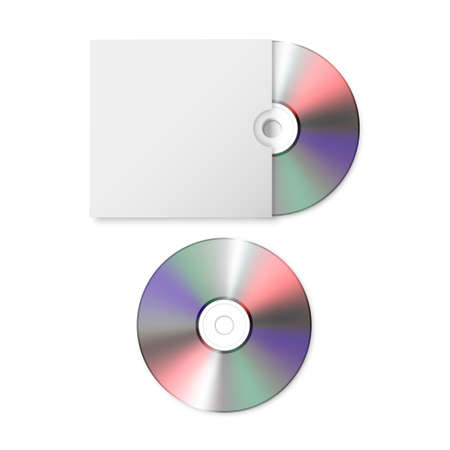 Vector 3d Realistic Blank CD, DVD with Paper Cover Case Box Set Closeup Isolated on White Background. Design Template for Mockup. CD Packaging Copy Space. Top Viewのイラスト素材