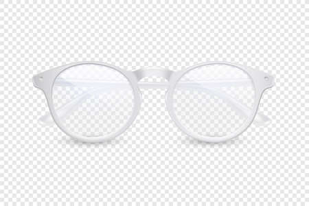 Vector 3d Realistic Plastic Round White Rimmed Eye Glasses Icon Closeup Isolated on Transparent Background. Women, Men, Unisex Accessory. Optics, Health Concept. Design Template, Mockup. Front Viewのイラスト素材