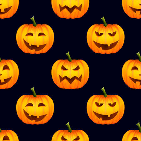 Vector Seamless Pattern with Glossy Cartoon Halloween Pumkin Lantern with Funny Faces on Black Background. Design Template. Autumn Holidays, Halloween Conceptのイラスト素材