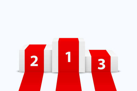 Vector 3d Realistic White Winners Podium with Red Carpet Closeup Isolated on White Background. Stage for Awards Ceremony, Pedestal. Design Template.のイラスト素材