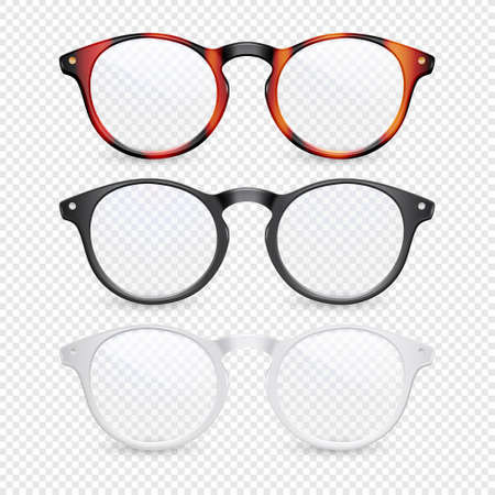 Vector 3d Realistic Plastic Brown Leopard, Black, White Rimmed Eye Glasses Closeup Isolated on Transparent Background. Women, Men, Unisex Accessory. Optics, Health Concept. Design Template, Mockupのイラスト素材