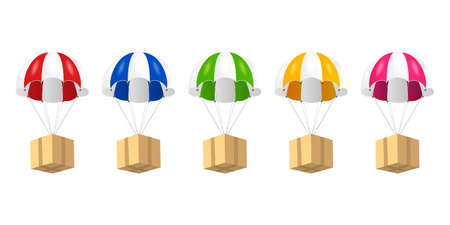 Vector 3d Realistic Parachute with Paper Cardboard Boxes Icon Set Isolated on White Background. Design Template for Delivery Services, Post, E-Commerce, Sport Concept, Web Banner, Mockup. Front Viewのイラスト素材