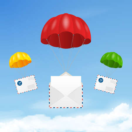 Vector 3d Realistic Flying Parachutes with Paper Envelopes on Blue Sky Background. delivery and Post Concept. Design Template for E-Commerce, Web Bannerのイラスト素材