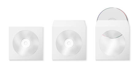 Vector 3d Realistic White Blank CD, DVD and Paper Closed and Opened Envelope with Plastic Window, Cover Set Isolated on White Background. Front, Top View. Design Template of Packaging for Mockupのイラスト素材