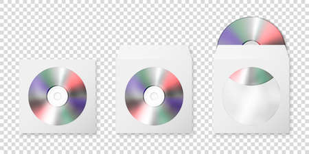 Vector 3d Realistic Blank CD, DVD and Paper Closed and Opened Envelope with Plastic Window, Cover Set Isolated on White Background. Front, Top View. Design Template of Packaging for Mockupのイラスト素材