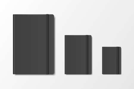 Vector 3d Realistic Black Closed Blank Paper Notebook Set Isolated on White Background. A4, A5, A6, A7. Design Template of Copybook with Elastic Band for Mockup, Advertise, Logo Print. Front. Top Viewのイラスト素材