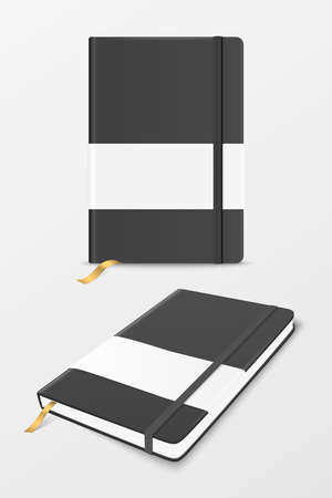 Vector 3d Realistic Black Closed Blank Paper Notebook with Label and Bookmark Set Isolated on White. Design Template of Copybook with Elastic Band for Mockup, Advertise, Logo Print. Front, Top Viewのイラスト素材