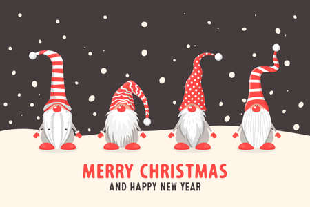Merry Christmas Postcard. Four Vector Christmas Cute Gnomes with Red Caps in Flat Style on Dark Background. Dwarfs Design Template for Merry Christmas and Happy New Year Card. Cartoon Kids Charactersのイラスト素材