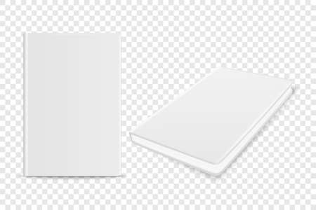 Vector 3d Realistic White Closed Blank Paper Notebook Set Isolated on Transparent Background. Design Template of Copybook, Diary for Mockup, Advertise, Logo Print. Front, Top Viewのイラスト素材