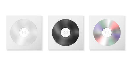 Vector 3d Realistic White, Black and Multicolor CD, DVD in Paper, Plastic Case, Package, Envelope Set Closeup Isolated on White Background. Design Template for Mockup, Copy Space. Top Viewのイラスト素材