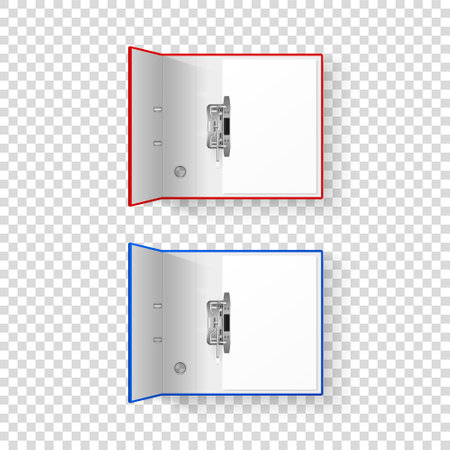 Vector 3d Opened Realistic Red and Blue Office Binder Set with Metal Rings and A4 Paper Sheet Closeup Isolated on Transparent Background. Design Template, Mockup, Top Viewのイラスト素材