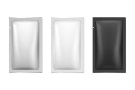 Vector 3d Realistic Foil, White, Black Long Slim Blank Packaging Set Isolated on White. Coffee, Tea, Salt, Sugar, Spices, Sachet, Wet Wipe Wrapper. Design Template, Packing, Mockup. Top Viewのイラスト素材