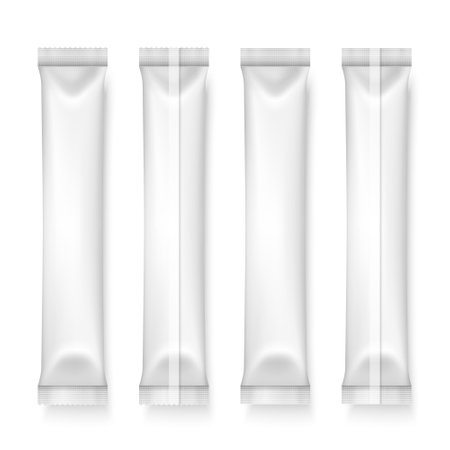Vector 3d Realistic White Plastic, Paper Long Slim Blank Packaging Set Isolated. Drugs, Coffee, Salt, Sugar, Pepper, Spices, Sachet, Candy Wrapper. Design Template of Packing for Mockup. Top Viewのイラスト素材