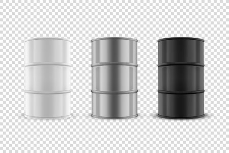 Vector 3d Realistic White, Steel and Black Simple Glossy Enamel Metal Oil, Fuel, Gasoline Barrel Icon Set Isolated.のイラスト素材