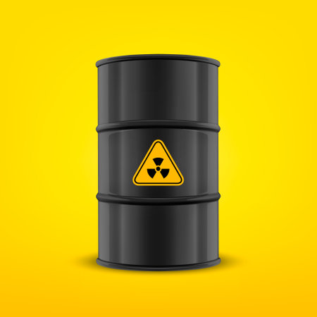 Vector 3d Realistic Black Simple Glossy Enamel Metal Oil, Fuel, Gasoline Barrel on Yellow Background.のイラスト素材