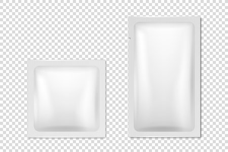 Vector 3d Realistic White Blank Packaging Icon Set Closeup Isolated. Coffee, Tea, Salt, Sugar, Spices, Wet Wipes Wrapper, Sachet. Design Template of Packing for Mockup. Top Viewのイラスト素材
