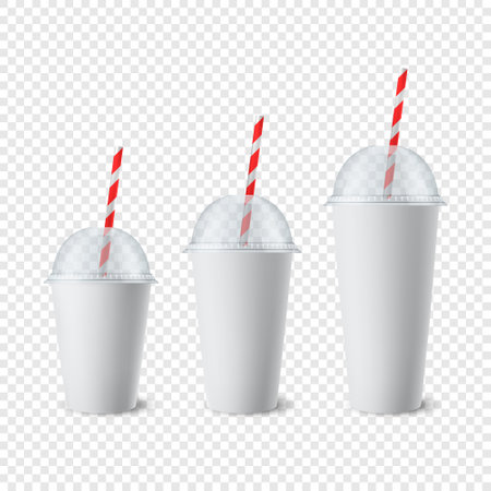 Vector 3d Realistic White Paper Disposable Cup Set with Lid, Straw for Beverage, Drinks Isolated. Coffee, Soda, Tea, Cocktail, Milkshake, Juice. Design Template of Packaging for Mockup. Front Viewのイラスト素材