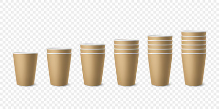 Vector 3d Realistic Brown Paper Glossy Disposable Cup Set, Stack of Cup for Beverage, Drinks Isolated. Coffee, Soda, Tea, Cocktail, Milkshake. Design Template of Packaging for Mockup. Front Viewのイラスト素材