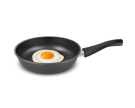 Vector 3d Realistic Black Frying Pan with Fried Edd, Omelet Inside Isolated on White Background. Breakfast, Food Concept. Design Template, Mockupのイラスト素材