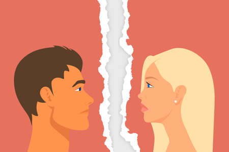Divorce Couple. Sad People - Man and Woman - Portrait Closeup on Torn Ripped Paper Background. Quarrel, Scandal, Relationship Problems Concept. Stock Vector Illustrationのイラスト素材