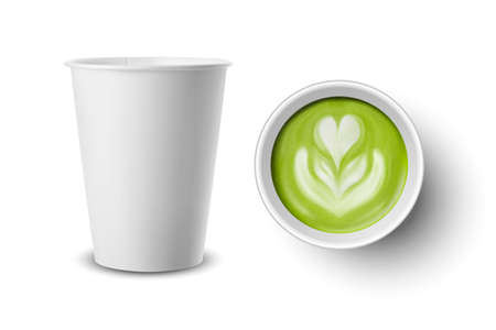 Vector 3d Realistic Paper White Disposable Cup Set Isolated with Green Milk Matcha Foam, Flower, Heart Pattern. Stock Vector Illustration. Design Template. Top and Front Viewのイラスト素材