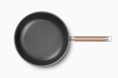 Vector 3d Realistic Black Empty Frying Pan with Wooden Handle Closeup Isolated on White Background. Breakfast, Food Concept. Design Template, Mockup. Top Viewのイラスト素材