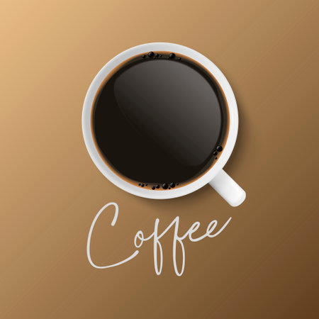 Vector 3d Realistic Ceramic White Porcelain Ceramic Coffee Mug, Cup Closeup Isolated on Brown Background. Black Coffee, Espresso, Mocha, Americano. Design Template. Top Viewのイラスト素材