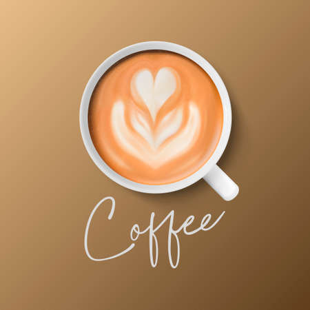 Vector 3d Realistic Ceramic White Porcelain Ceramic Coffee Mug, Cup Closeup Isolated on Brown Background. Foam Coffee, Capuccino, Latte. Flower, Heart Pattern. Design Template. Top Viewのイラスト素材