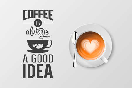 Vector 3d Realistic White Metal Enamel Mug with Foam Coffee - Capuccino, Latte - Isolated. Coffee Cup with Typography Quote, Phrase about Coffee. Stock Illustration. Design Template. Top Viewのイラスト素材