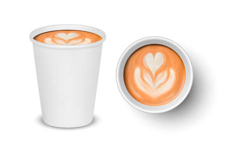 Vector 3d Realistic Paper White Disposable Cup Set Isolated with Milk Coffee Foam Isolated. Latte, Capuccino. Stock Vector Illustration. Design Template. Top and Front Viewのイラスト素材