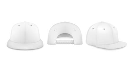 Vector 3d Realistic White Blank Baseball Cap, Snapback Cap Icon Set Closeup Isolated on White Background. Design Template, Mock-up for Branding, Advertise. Front, Back, Side Viewのイラスト素材