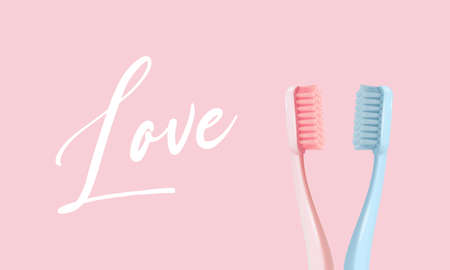 Vector 3d Realistic Pink, Blue Plastic Blank Toothbrush Set on Pink Background. Design Template,...