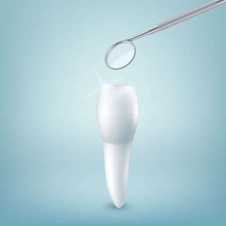 Vector 3d Realistic Tooth and Dental Mirror for Teeth Closeup on Blue Background. Medical Dentist Tool. Design Template, Clipart, Mockup. Dentistry, Healthcare, Hygiene Conceptのイラスト素材