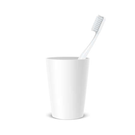 Vector 3d Realistic Toothbrush and White Plastic Holder Cup Closeup Isolated on White Background. Medical Dentist Illustration. Design Template, Clipart, Mockup. Dental, Health, Dental Care Conceptのイラスト素材