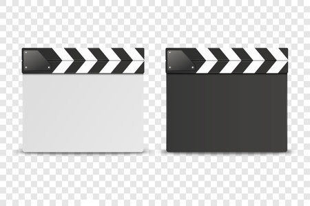 Vector 3d Realistic Closed White and Black Movie Film Clap Board Icon Set Closeup Isolated on Transoparent Background. Design Template of Clapperboard, Slapstick, Filmmaking Device. Front Viewのイラスト素材