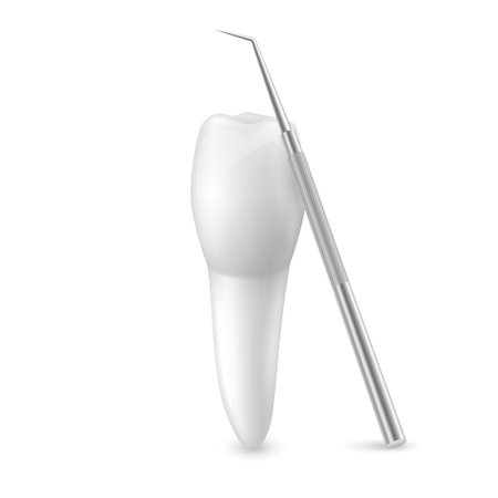 Vector 3d Realistic Tooth and Dental Probe for Teeth Closeup Isolated on White Background. Medical Dentist Tool. Design Template, Clipart, Mockup. Dentistry, Healthcare, Hygiene Conceptのイラスト素材