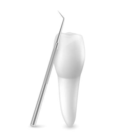 Vector 3d Realistic Tooth and Dental Probe for Teeth Closeup Isolated on White Background. Medical Dentist Tool. Design Template, Clipart, Mockup. Dentistry, Healthcare, Hygiene Conceptのイラスト素材