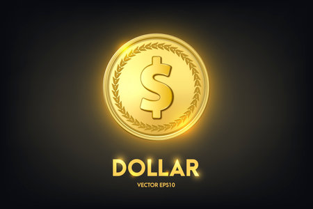 Vector 3d Realistic Golden Dollar Coin. Currency, Money, Wealth, Capital, Banking, E-commerce, Exchange, Finance Concept. Glow Coin Closeup on Dark Background. Front Viewのイラスト素材