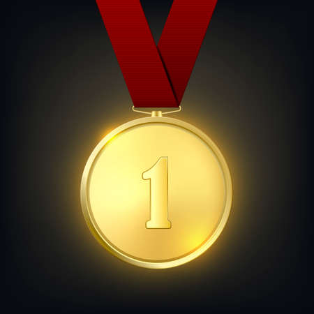 Vector 3d Realistic Golden Medal with Red Ribbon. Victory Concept. Glow First Place Badge Closeup on Dark Background. Front Viewのイラスト素材