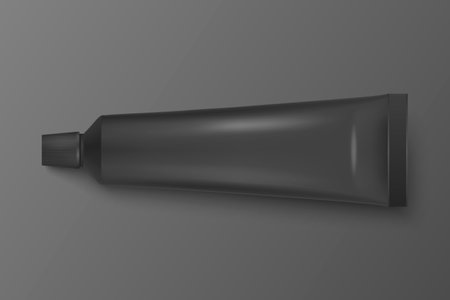 Vector 3d Realistic Plastic, Metal Black Tube Icon Closeup Isolated on Black Background. Packaging For Cosmetics, Ointments, Cream, Tooth Paste. Design Template of Toothpaste for Mockup. Top Viewのイラスト素材