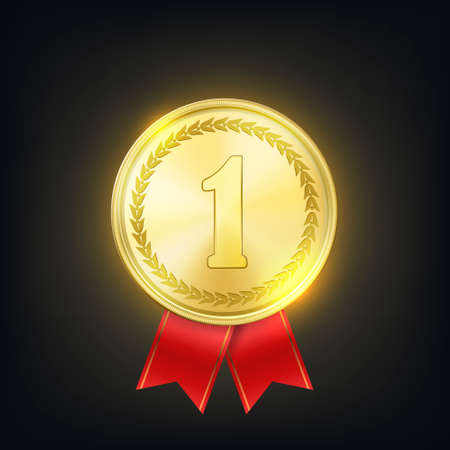 Vector 3d Realistic Golden Medal with Red Ribbon. Victory Concept. Glow First Place Badge Closeup on Dark Background. Front Viewのイラスト素材